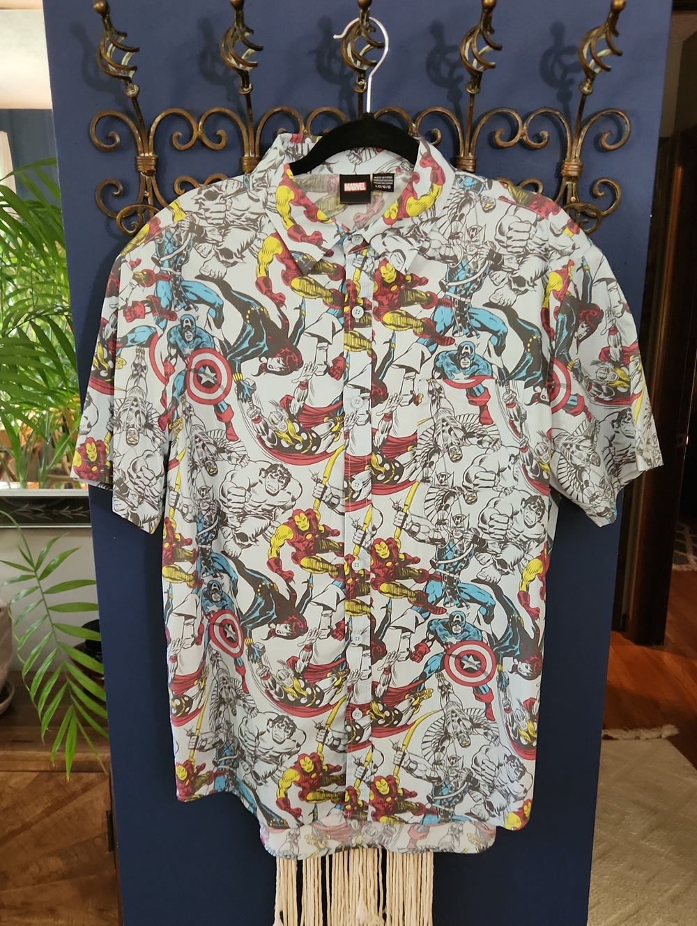 Marvel Comic-Print Short Sleeve Button-Up Shirt - White, Red, Blue, Yellow